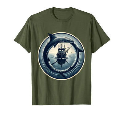 Shark Fin Circling Fishing Boat Graphic T-Shirt