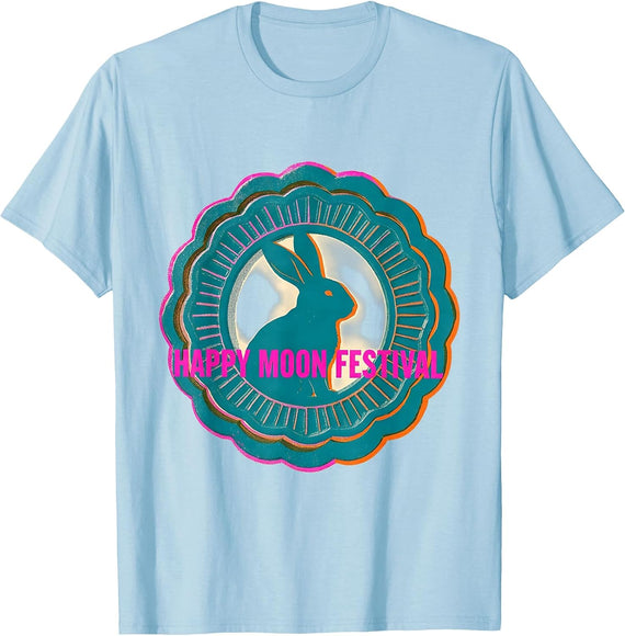 Men's Happy Moon Festival Risograph Mid Autumn Mooncake Rabbit T-Shirt - Baby Blue