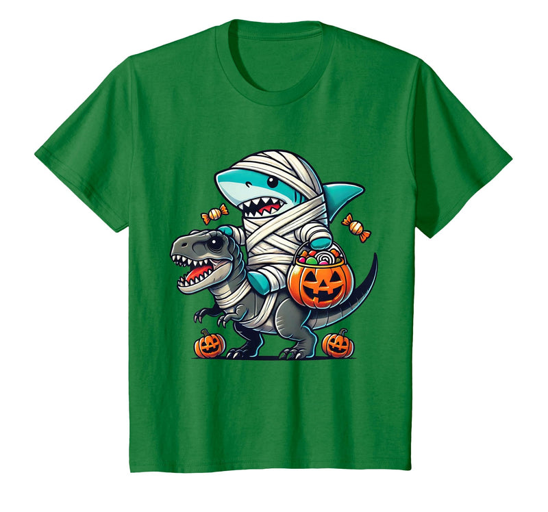Funny Shark Dinosaur Halloween Kids Boys Tees Shark Riding Dinosaur T-rex Funny Halloween Pumpkin Boys Kid T-Shirt - Kelly