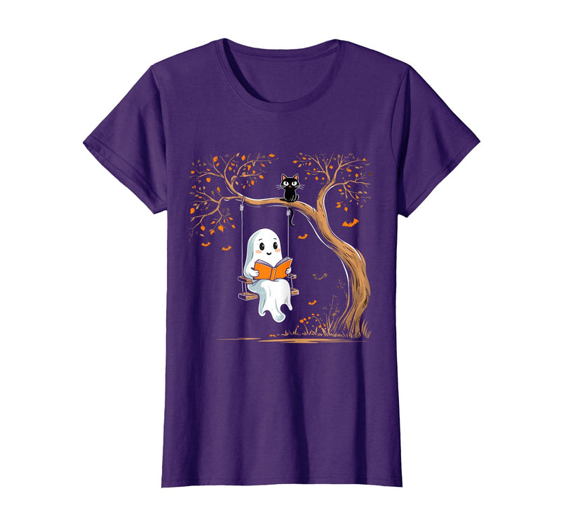 Halloween Ghost Swing Reading Vintage Ghost Swing Reading Book Swinging Halloween Costume T-Shirt - Purple