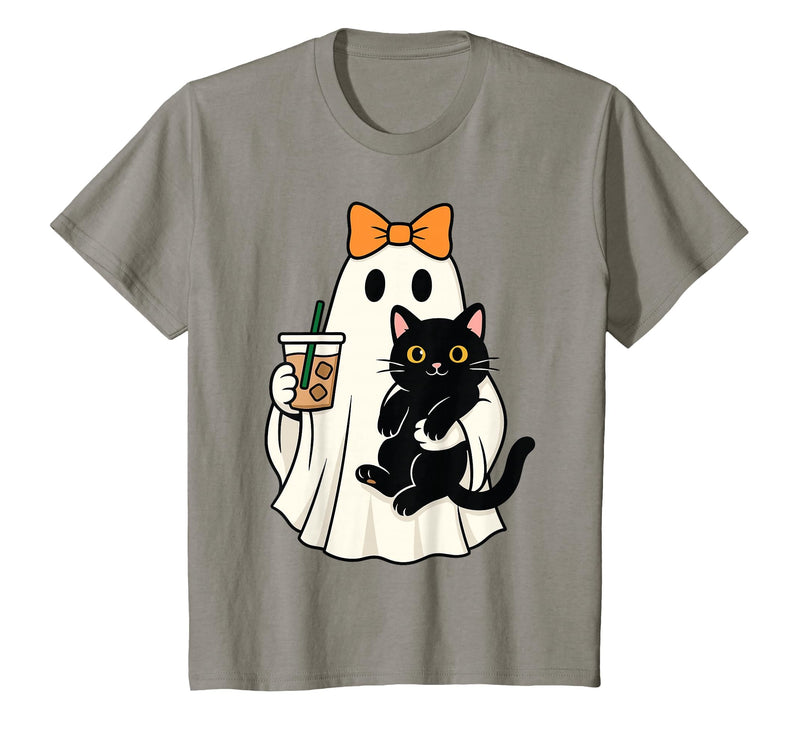 halloween iced coffee costume Cat Women Girls Cute Halloween Cat Ghost Drinking Coffee Ghost Women Girls T-Shirt - Slate Grey