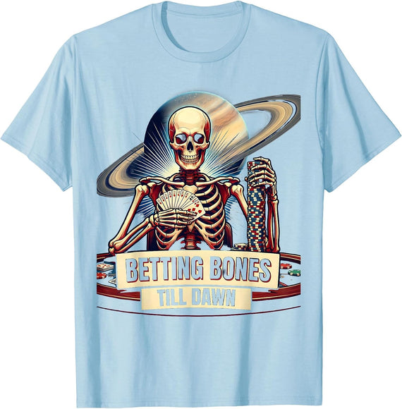 Men's Halloween Skeleton Gambler Playing Cards Design T-Shirt - Baby Blue