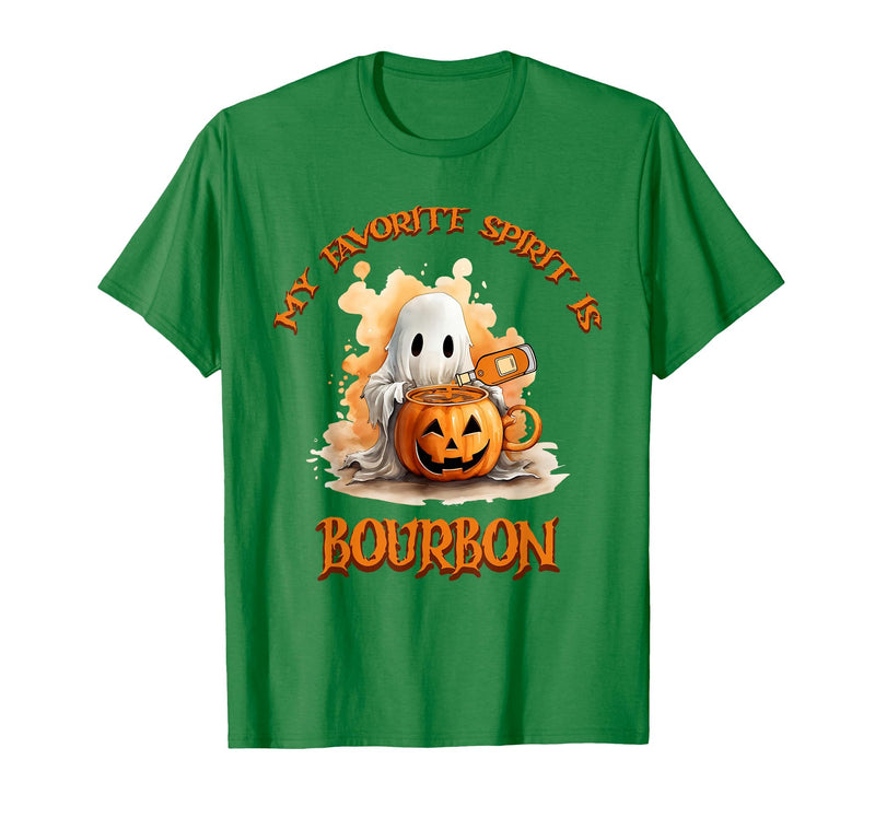 Boo Watercolor Pumpkin Cup Light Witch Hat Bottle Bourbon My Favorite Spirit is Bourbon Happy Halloween Boo T-Shirt - Kelly