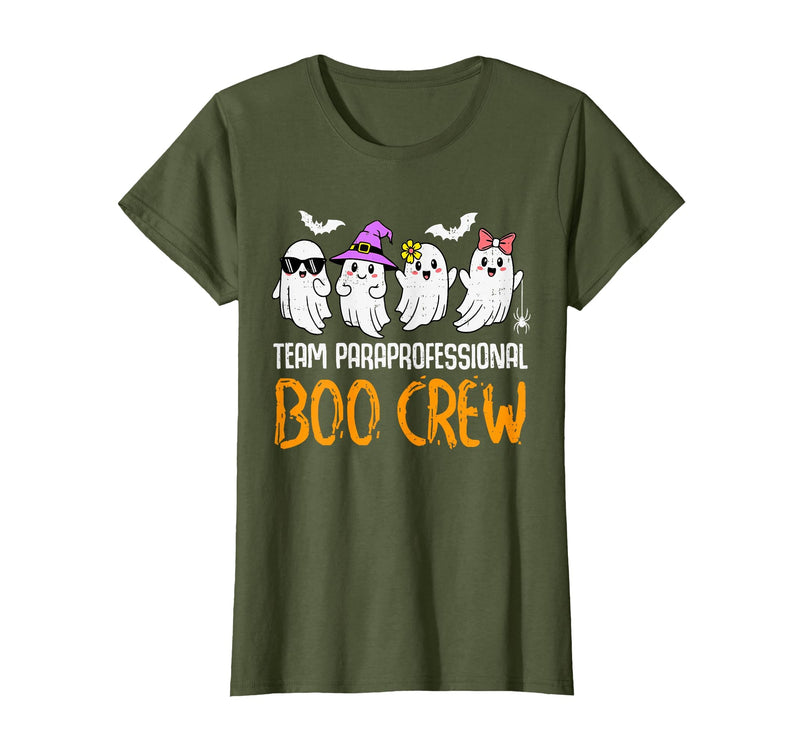 Halloween Tees for Women Men Kids Team Paraprofessional Boo Crew Ghost Halloween para Costume T-Shirt - Olive Green