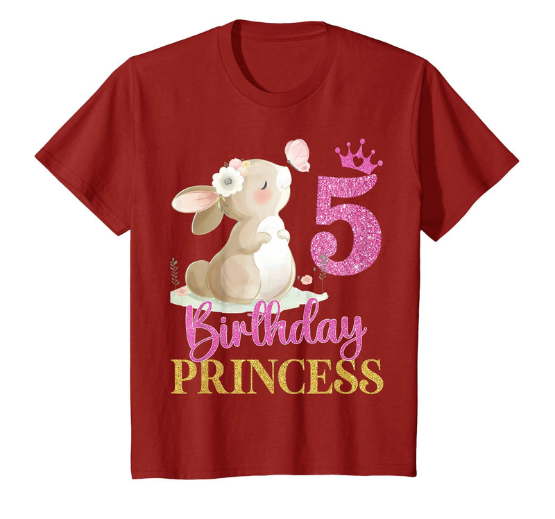 Kids 5th Birthday Rabbit Princess Girl Bunny 5 Years Old T-Shirt in Cranberry Red