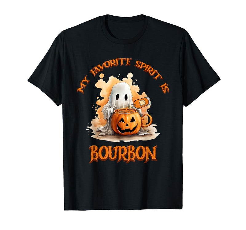 Boo Watercolor Pumpkin Cup Light Witch Hat Bottle Bourbon My Favorite Spirit is Bourbon Happy Halloween Boo T-Shirt - Black