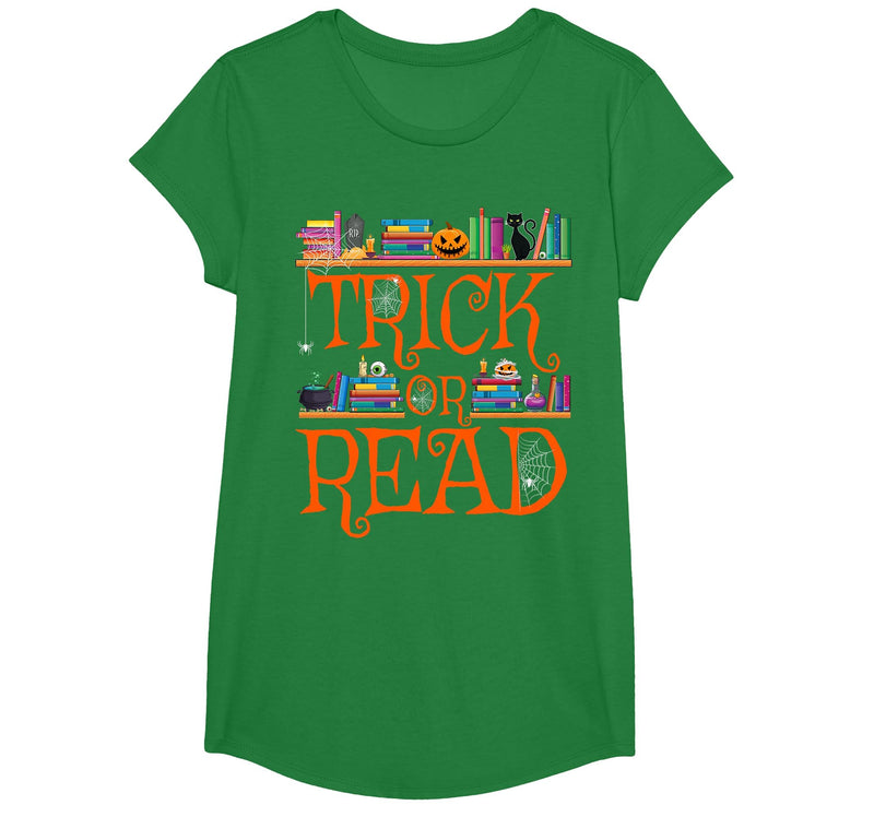 Trick or Read Funny Halloween Teacher Book Library Reading T-Shirt - Kelly Green