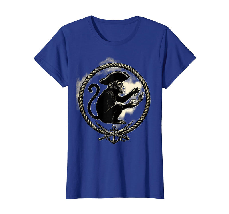 Mademark Pirate Monkey with Stolen Pocket Watch Design T-Shirt - Women - Royal Blue