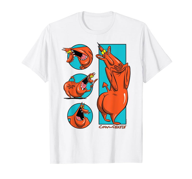 Cow and Chicken Red Guy Poses Collage Cartoon T-Shirt - White