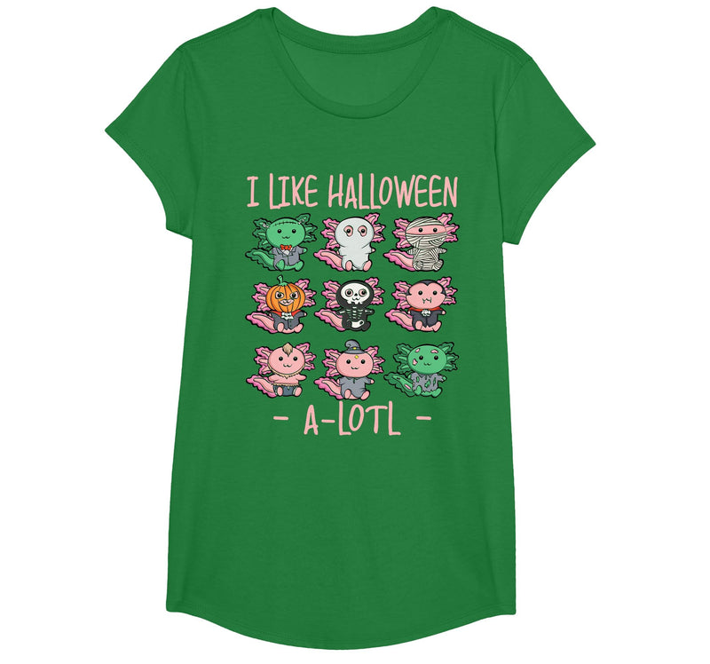 Cute Halloween Axolotl Scary Costumes Apparel Co Funny Axolotl I Like Halloween A-Lotl Axolotl Halloween T-Shirt - Kelly