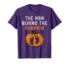 Halloween Pregnancy Announcement for Future Dad The Man Behind The Pumpkin Dad Halloween Pregnancy Reveal T-Shirt - Purple