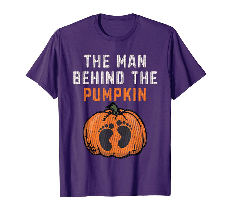 Halloween Pregnancy Announcement for Future Dad The Man Behind The Pumpkin Dad Halloween Pregnancy Reveal T-Shirt - Purple
