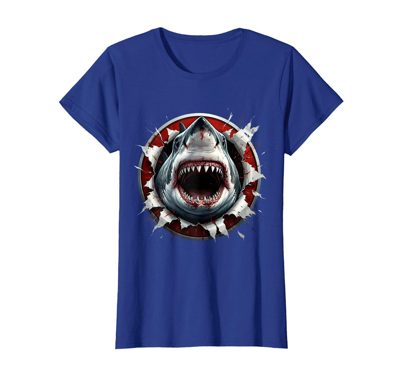 Mademark Shark Bursting Through Paper Breakthrough Art T-Shirt - Royal Blue