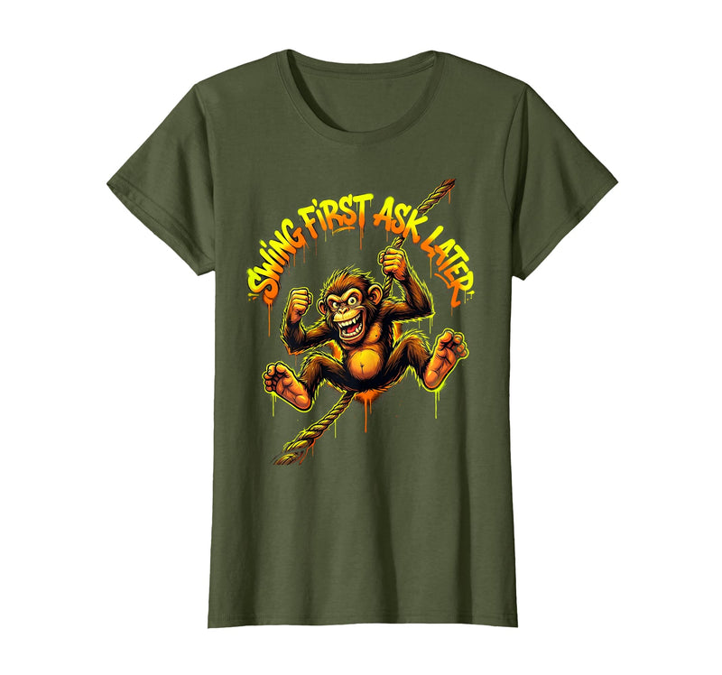 Mademark Swing First Ask Later Funny Monkey Design T-Shirt - Women - Olive Green
