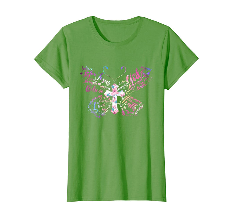 Butterfly Prayer Graphic Jesus Christian Cross Butterfly Prayer Jesus Christian Cross Floral Pattern T-Shirt - Grass Green