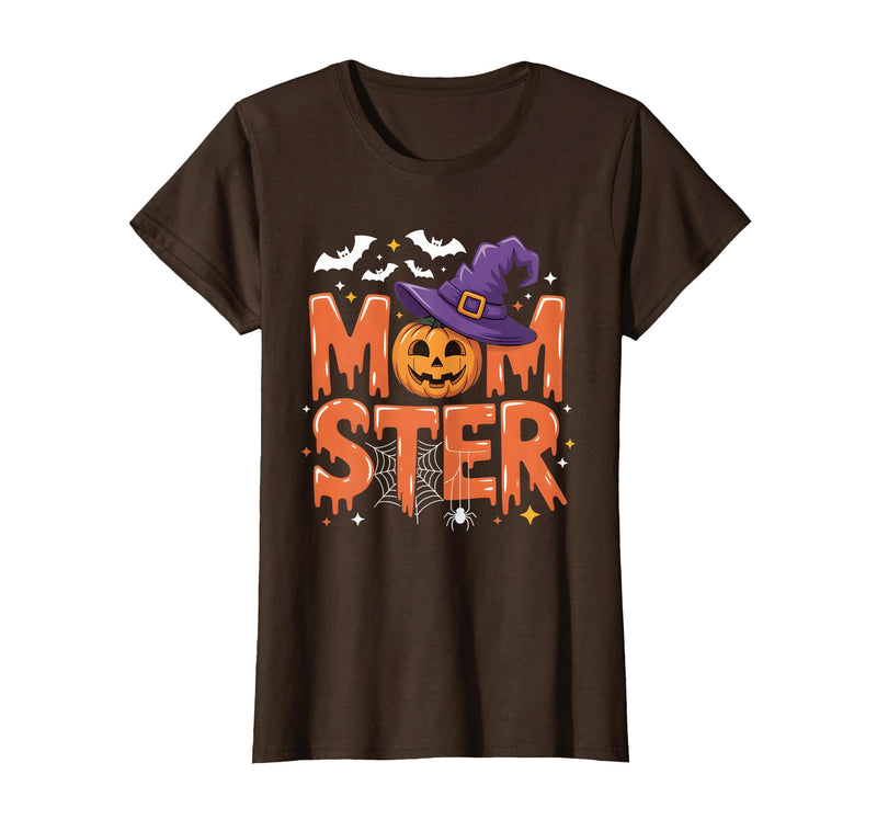 Mom-ster Halloween Funny Witch Hat Pumpkin Mom Momster Mom Mommy Matching Family Halloween Costume Women T-Shirt - Brown