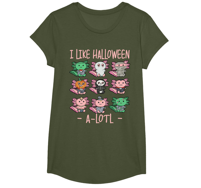 Cute Halloween Axolotl Scary Costumes Apparel Co Funny Axolotl I Like Halloween A-Lotl Axolotl Halloween T-Shirt - Olive