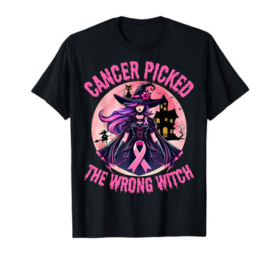 In October We Wear Pink Ribbon Warrior For Family Breast Cancer Picked The Wrong Witch Halloween Melanin Cat T-Shirt