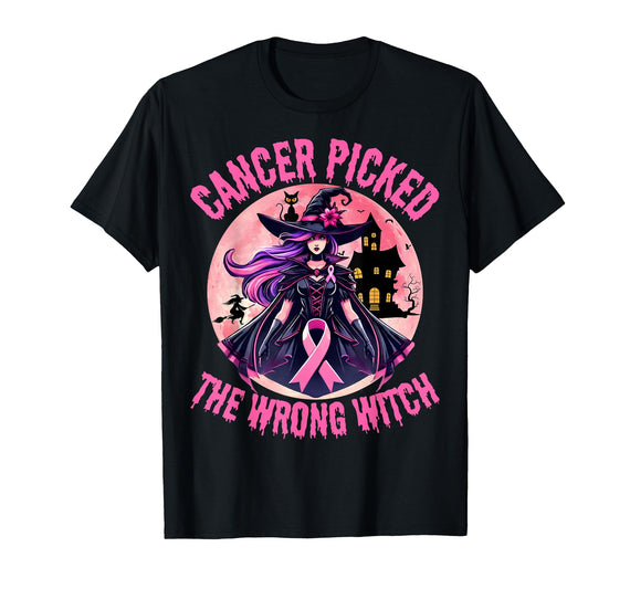 In October We Wear Pink Ribbon Warrior For Family Breast Cancer Picked The Wrong Witch Halloween Melanin Cat T-Shirt - Black
