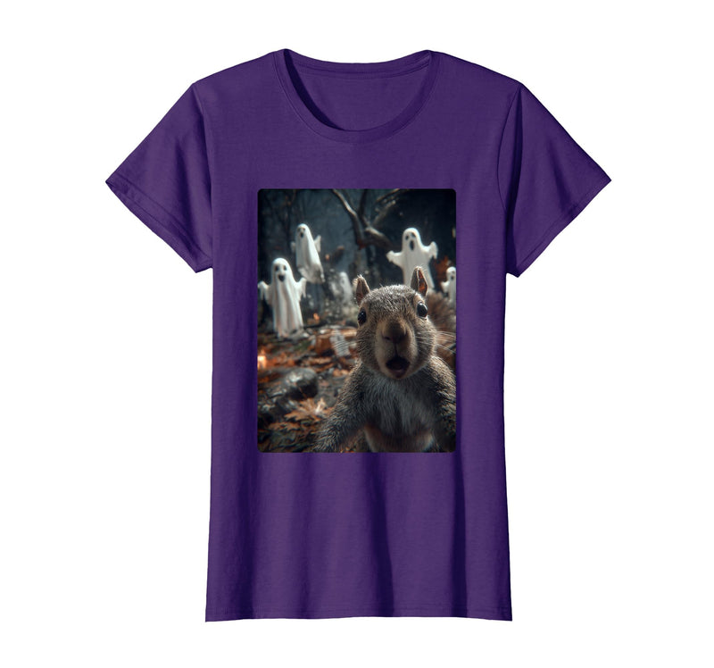 Funny Halloween Animals Selfies Clothing Funny Squirrel Selfie with Ghosts Haunted Forest Halloween T-Shirt - Purple