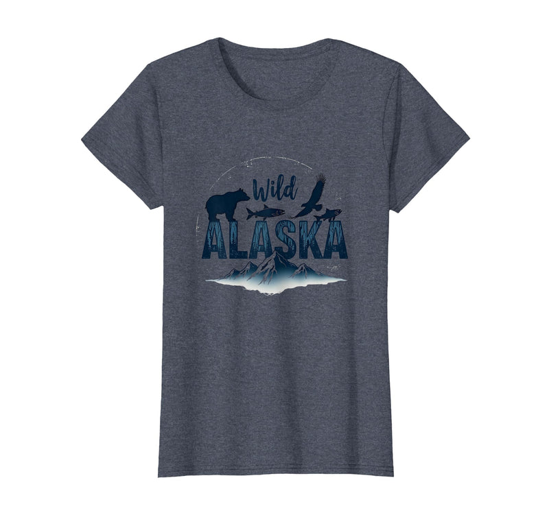Mademark Wild Alaska Adventure: Bear, Fish, Eagle Mountain Scene T-Shirt - Heather Blue