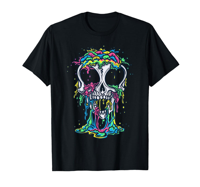Skull & Halloween Designs for Bikers and Rockers Melting Skull Halloween Colorful Paint Drip Graphic T-Shirt - Black