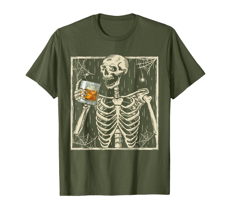 Funny Skeleton Drinking Bourbon Whiskey Halloween Alcoholic T-Shirt - Olive Green
