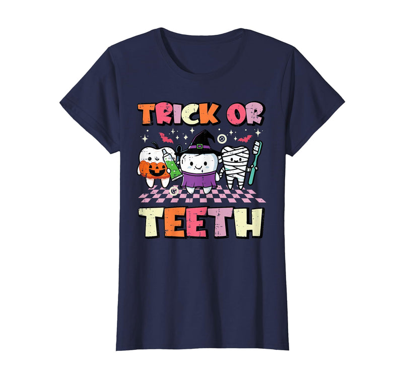 Halloween Shirts For Women Men Kids Boys Girls Halloween Dentist Trick Or Teeth Dental Costume Men Women T-Shirt - Navy Blue