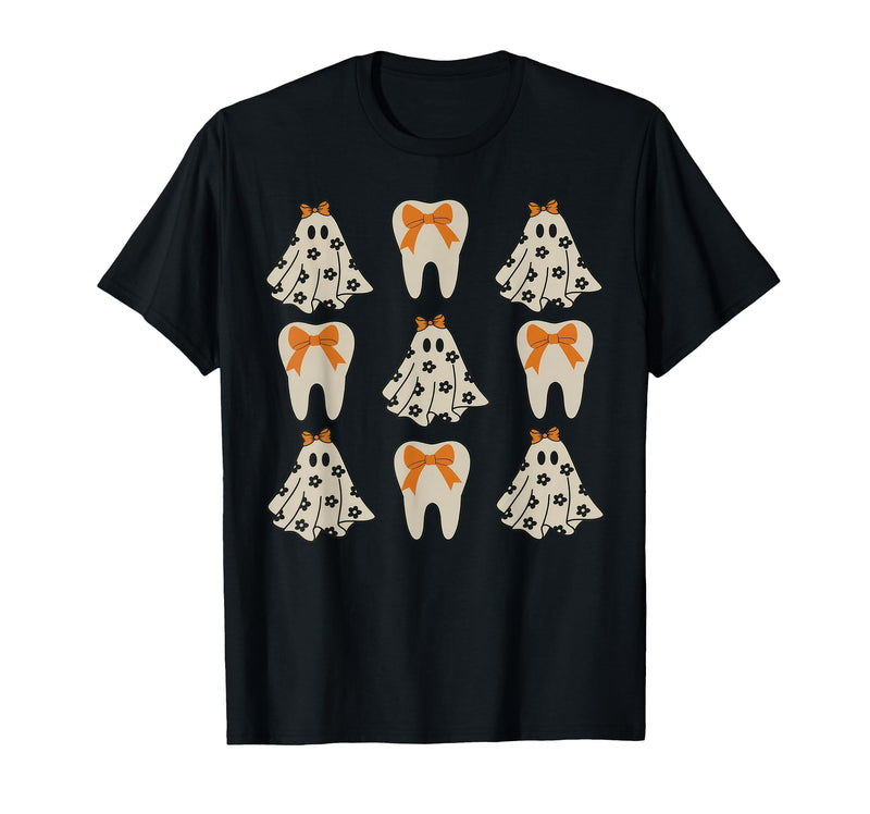 Dentist Dental Halloween Costume Tee Gifts Floral Ghost Teeth Dental Dentist Halloween Costume T-Shirt - Black