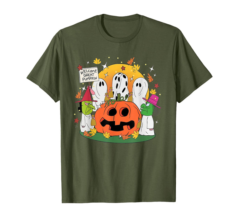 Funny Halloween gift tee Welcome Great Pumpkin Boo Witch Pumpkin Halloween T-Shirt - Olive Green