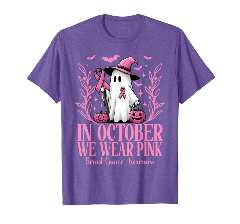 Arich.Tee's Breast Cancer Awareness Ghost in October We Wear Pink Breast Cancer Witch Ghost Halloween T-Shirt - Purple