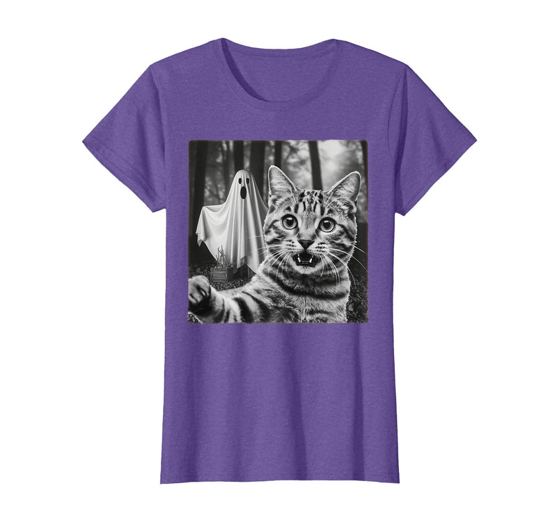 Halloween Cat Selfie with Spooky Ghost t -shir t Halloween Cat Selfie with Spooky Ghost T-Shirt - Purple Heather