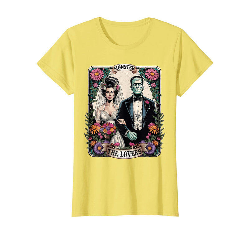 The Lovers Tarot Card Spooky Halloween Women Men The Monster Frankenstein and Bride The Lovers Tarot Card T-Shirt - Lemon
