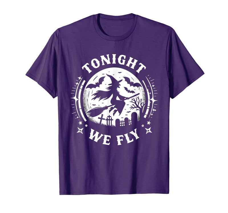 Halloween Witches Spooky Night Graveyard Tonight We Fly Halloween Witch Broomstick Moon T-Shirt - Purple