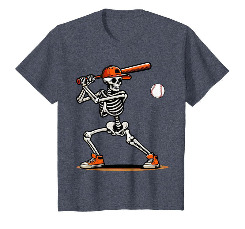 Funny Halloween Skeleton Sports Boys Costume Baseball Skeleton Spooky Boys Halloween Baseball Player T-Shirt - Heather Blue