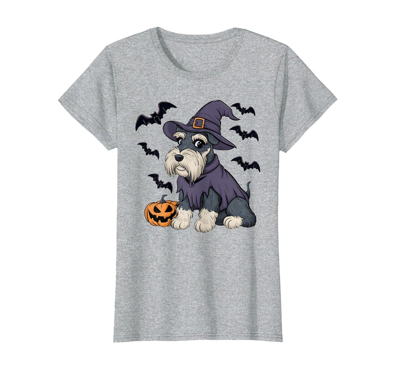 Witch Schnauzer Dog Halloween Outfits Schnauzer Dog Scary Pumpkin Bat Witch Schnauzer Halloween T-Shirt - Heather Grey