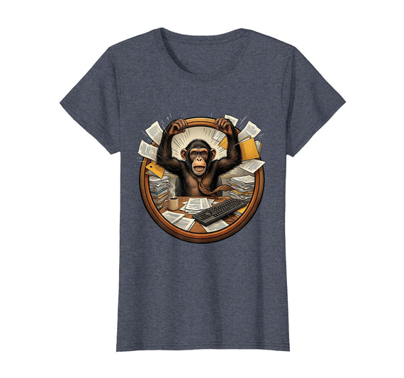 Mademark Monkey Office Chaos Funny Adult Humor Graphic T-Shirt - Women - Heather Blue