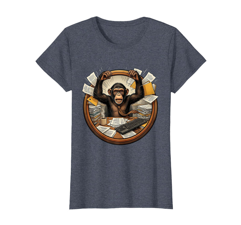 Mademark Monkey Office Chaos Funny Adult Humor Graphic T-Shirt - Women - Heather Blue