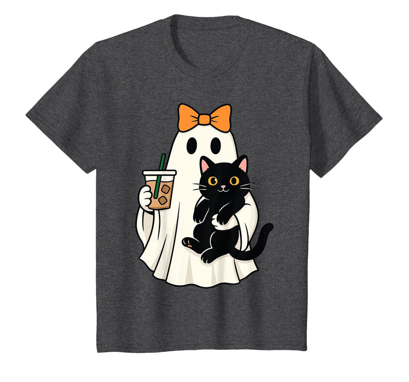 halloween iced coffee costume Cat Women Girls Cute Halloween Cat Ghost Drinking Coffee Ghost Women Girls T-Shirt - Dark
