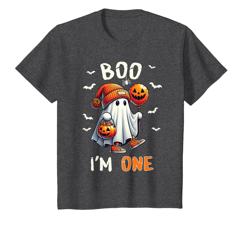 Halloween Boo I'm First 1st Birthday Boy Boo I'm One Ghost 1st Birthday Halloween Boy Kids Groovy T-Shirt - Dark Heather Grey