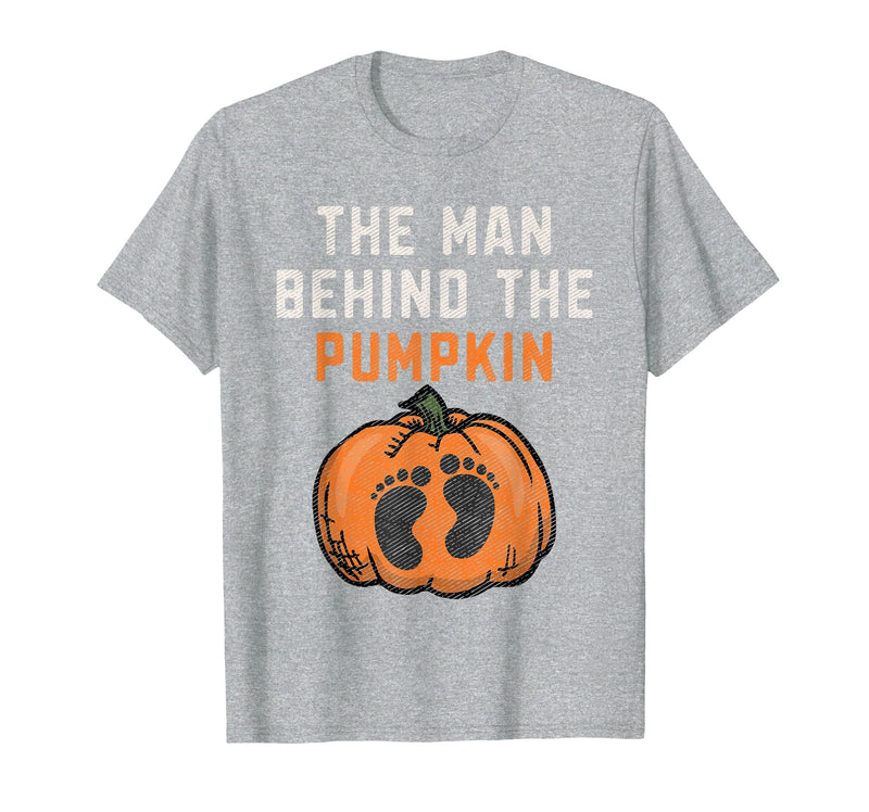 Halloween Pregnancy Announcement for Future Dad The Man Behind The Pumpkin Dad Halloween Pregnancy Reveal T-Shirt - Heather