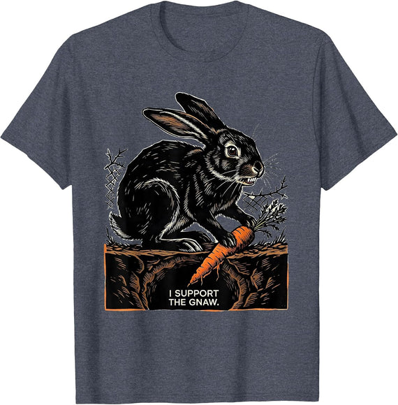 I Support The Gnaw Linocut Gothic Bunny Rabbit Humor T-Shirt - Heather Blue