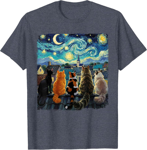 Funny Cat Starry Night Van Gogh Cats Rooftop Scene Feline T-Shirt - Heather Blue