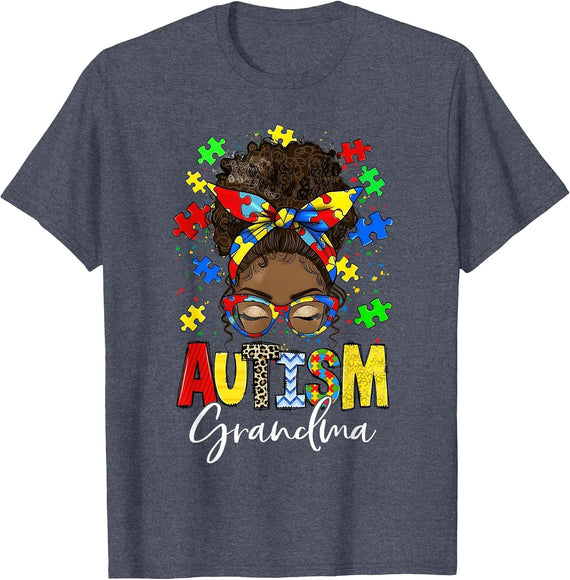 Autism Awareness Support Grandma Afro Messy Bun Black Women T-Shirt - Heather Blue
