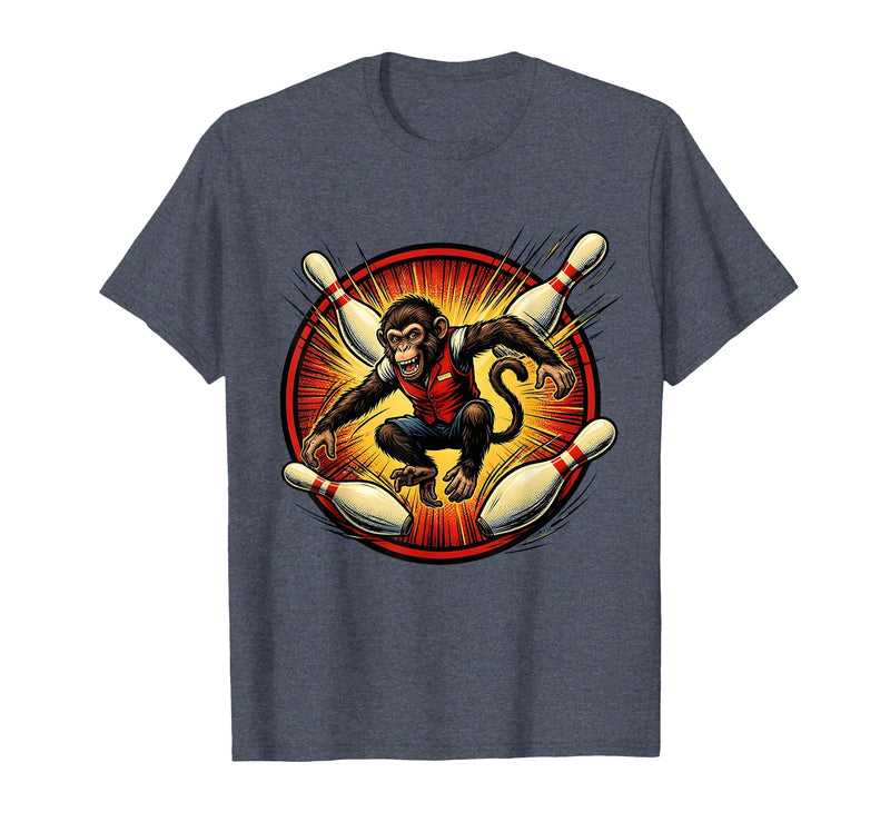 Mademark Pin Monkey Dodging Flying Pins Bowling Graphic T-Shirt - Men - Heather Blue