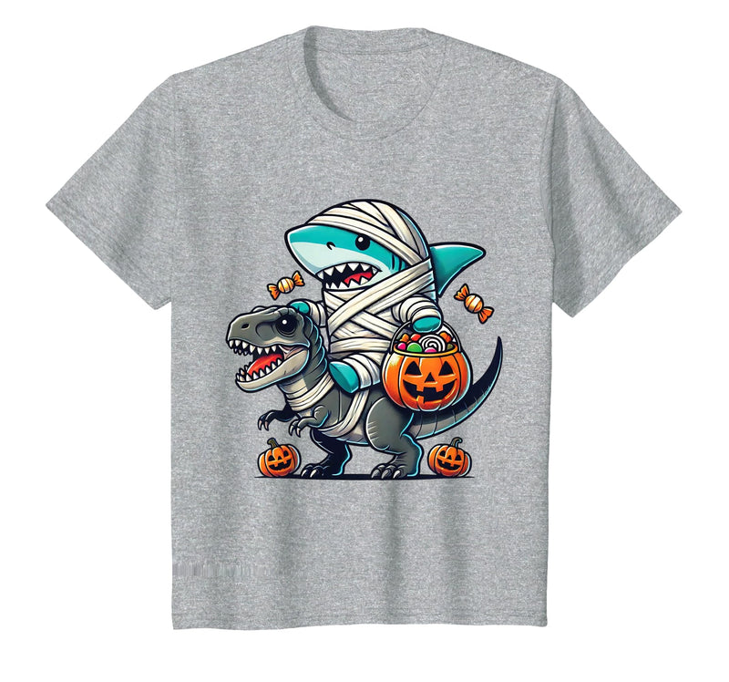 Funny Shark Dinosaur Halloween Kids Boys Tees Shark Riding Dinosaur T-rex Funny Halloween Pumpkin Boys Kid T-Shirt - Heather