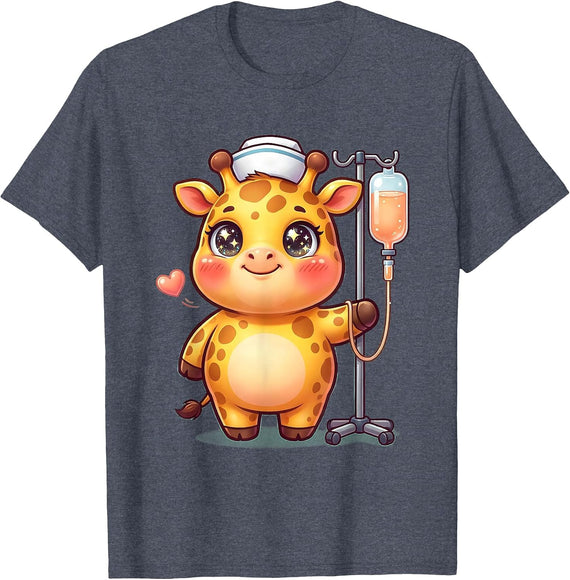 Men's Pediatric Nurse Cartoon Giraffe IV Drip Bag T-Shirt - Heather Blue