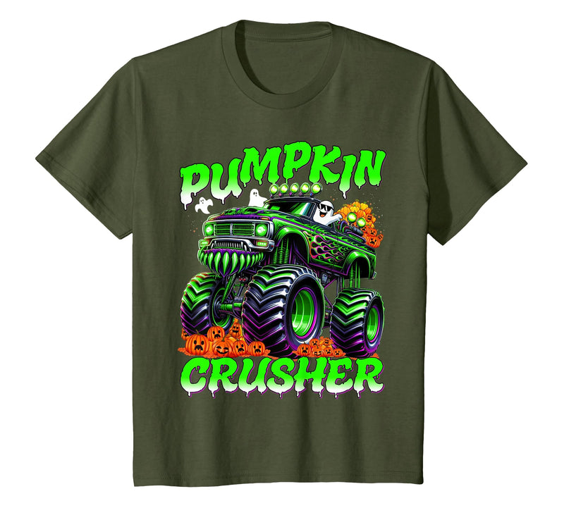Pumpkin Crusher Kids Tees Pumpkin Crusher Monster Truck Ghosts Halloween for Boys T-Shirt - Olive Green