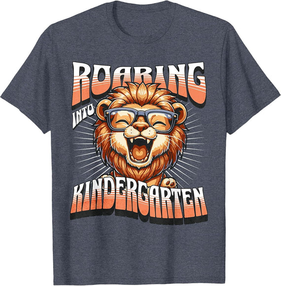 Roaring Into Kindergarten Cute Lion Back to School Boys Kids T-Shirt - Heather Blue