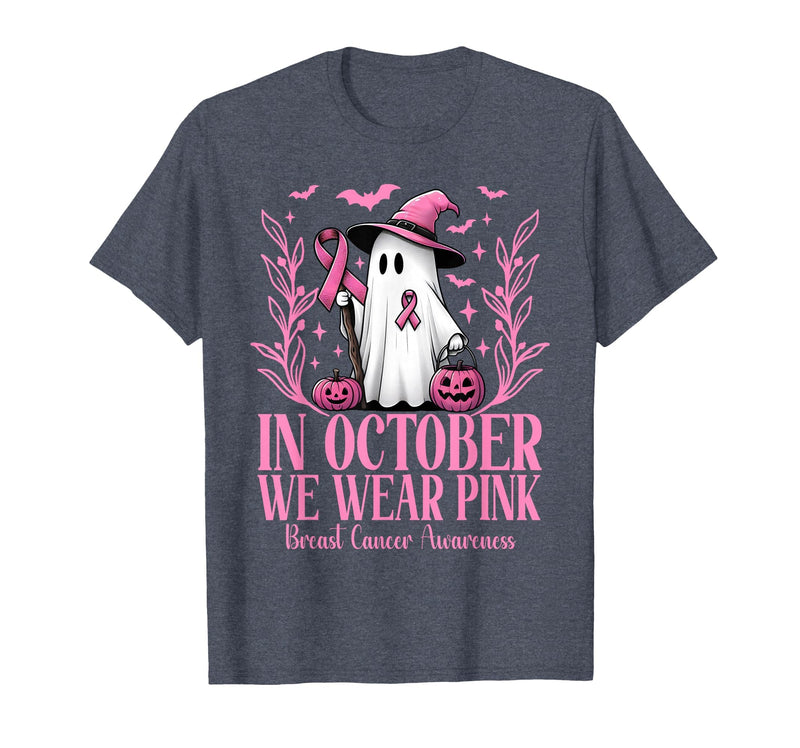 Arich.Tee's Breast Cancer Awareness Ghost in October We Wear Pink Breast Cancer Witch Ghost Halloween T-Shirt - Heather Blue